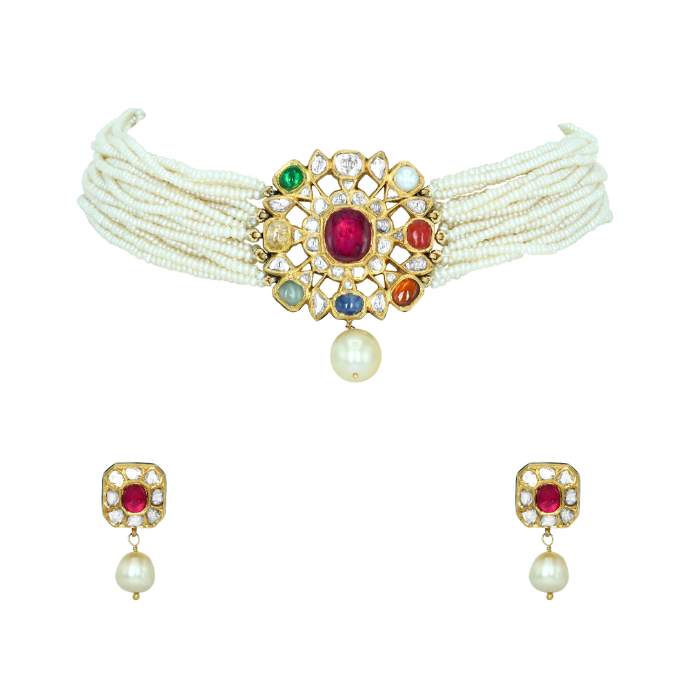 Multi-Strand Pearl Choker Set with Navaratna Motif and Drops
